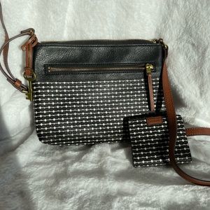 Fossil Small Fiona Crossbody with Matching Wallet Black and White Polka Dot